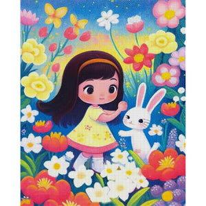 Girl And Bunny In Flowers - 45*55CM 11CT Stamped Cross Stitch