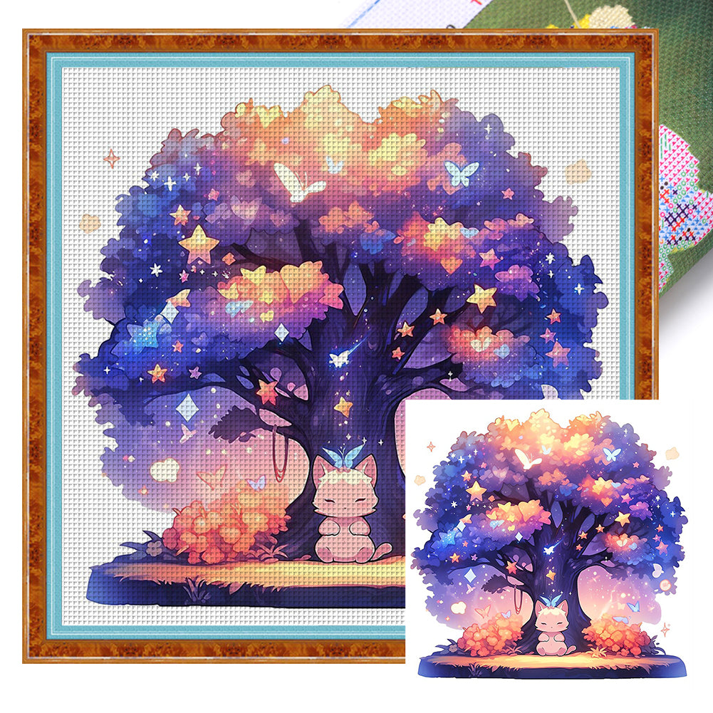 Cat Under Tree - 50*50CM 11CT Stamped Cross Stitch