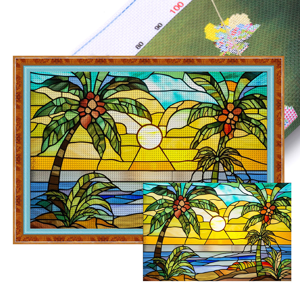 Glass Painting - Sunset By The Sea - 60*40CM 11CT Stamped Cross Stitch