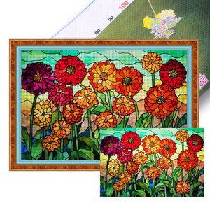 Glass Painting-Flowers - 60*40CM 11CT Stamped Cross Stitch