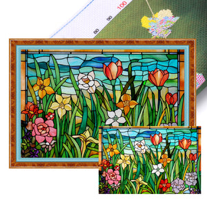 Glass Painting-Flowers - 60*40CM 11CT Stamped Cross Stitch