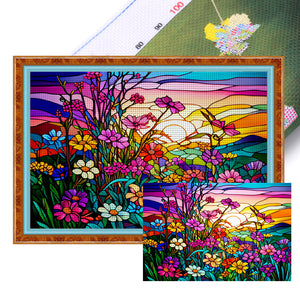 Glass Painting-Flowers And Sunset - 60*40CM 11CT Stamped Cross Stitch