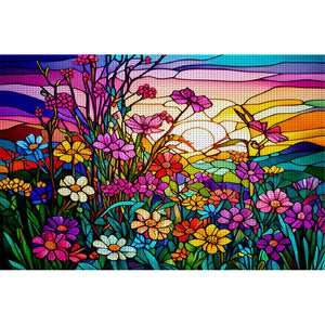 Glass Painting-Flowers And Sunset - 60*40CM 11CT Stamped Cross Stitch