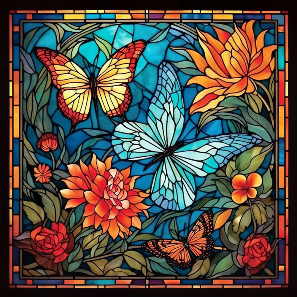 Glass Painting Flowers And Butterflies 30*30CM(Canvas) Full Round Drill Diamond Painting