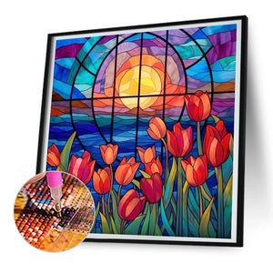 Glass Painting Tulip Flowers 30*30CM(Canvas) Full Round Drill Diamond Painting