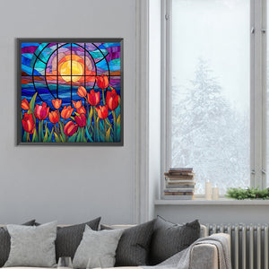 Glass Painting Tulip Flowers 30*30CM(Canvas) Full Round Drill Diamond Painting