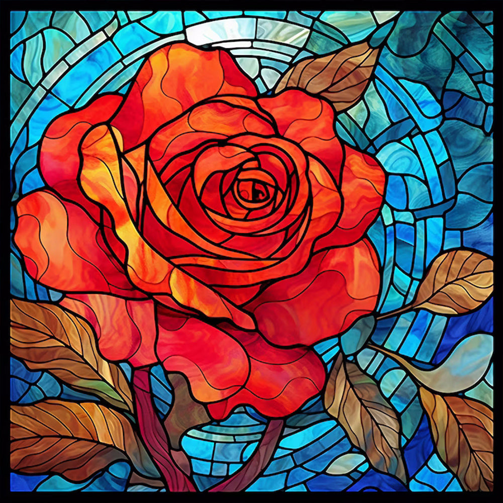 Glass Painted Red Rose Flowers 30*30CM(Canvas) Full Round Drill Diamond Painting