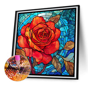 Glass Painted Red Rose Flowers 30*30CM(Canvas) Full Round Drill Diamond Painting