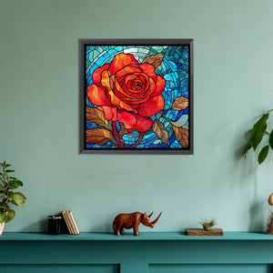 Glass Painted Red Rose Flowers 30*30CM(Canvas) Full Round Drill Diamond Painting