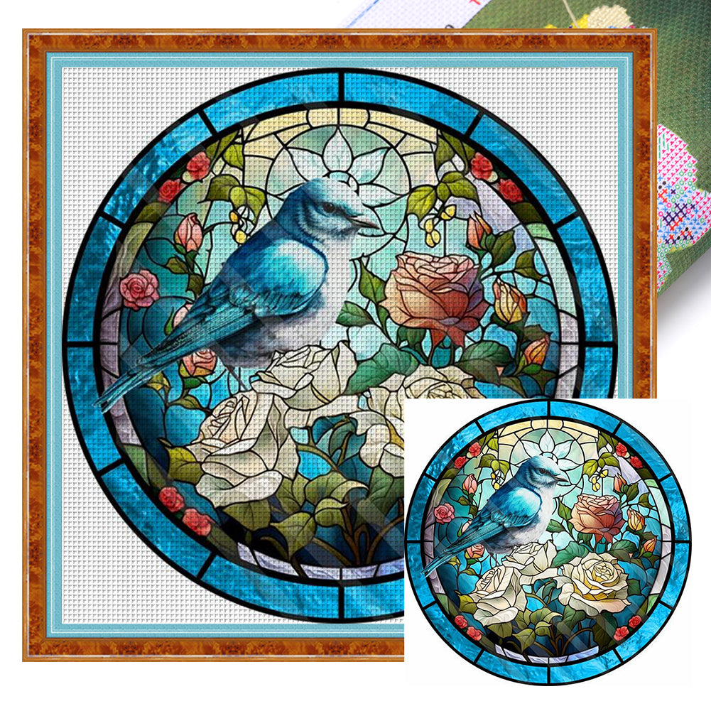 Glass Painting-Birds And Flowers - 40*40CM 11CT Stamped Cross Stitch