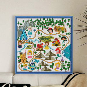 Disney Princesses On Map - 50*50CM 11CT Stamped Cross Stitch