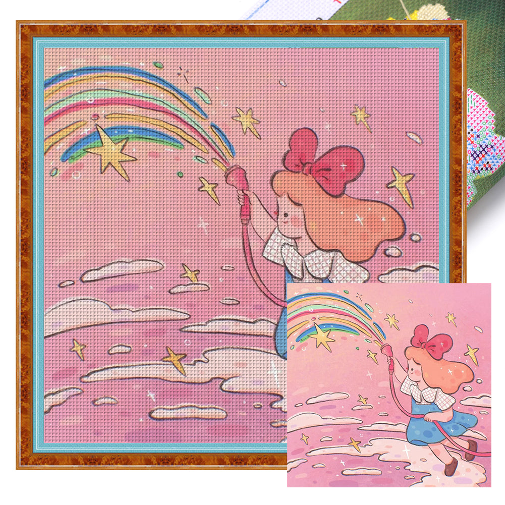 Little Girl Letting Off A Rainbow - 50*50CM 11CT Stamped Cross Stitch