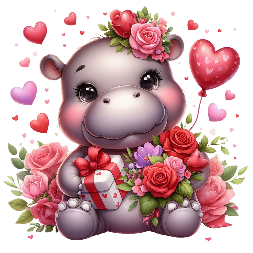 Love Rose Hippopotamus 30*30CM(Canvas) Full Round Drill Diamond Painting