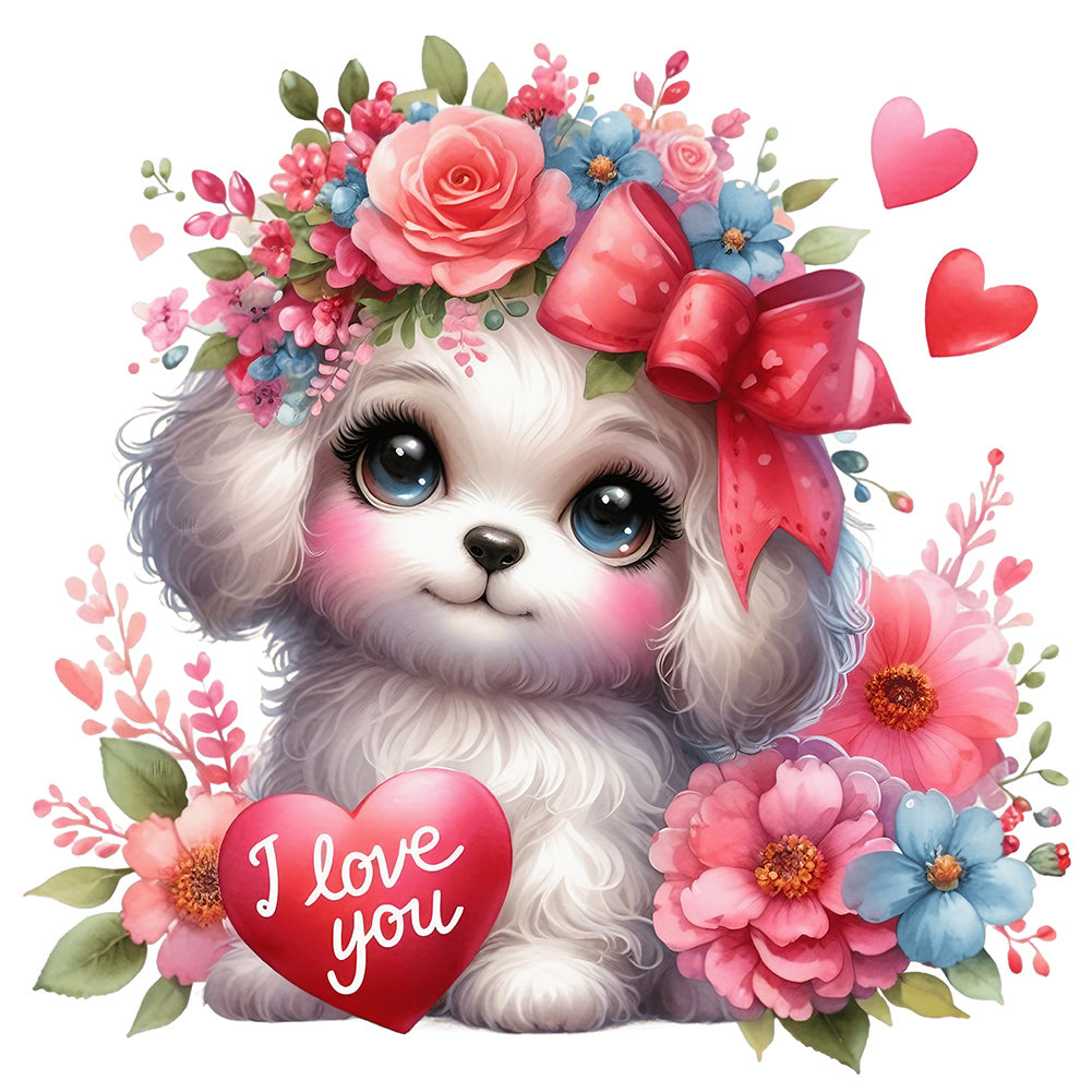 Love Rose White Dog 30*30CM(Canvas) Full Round Drill Diamond Painting