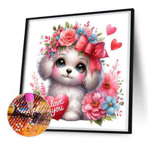 Love Rose White Dog 30*30CM(Canvas) Full Round Drill Diamond Painting