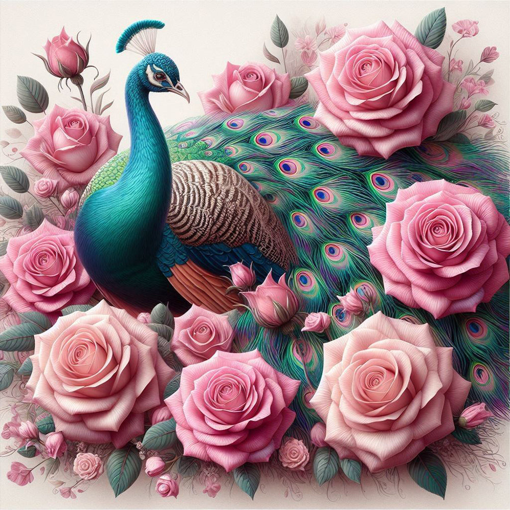 Pink Rose Peacock 40*40CM(Canvas) Full Round Drill Diamond Painting