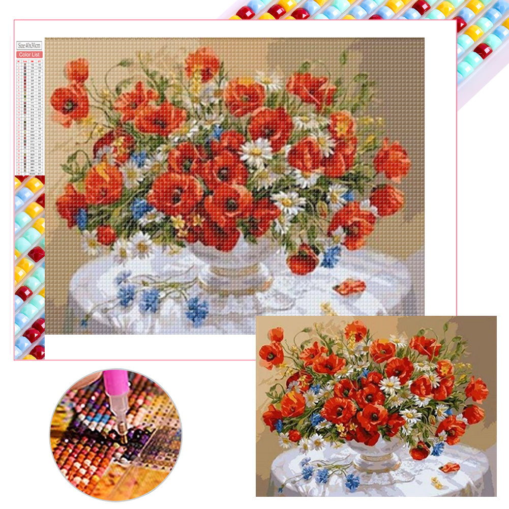 Vintage Oil Painting Poppy Flower 40*30CM(Picture) Full Square Drill Diamond Painting