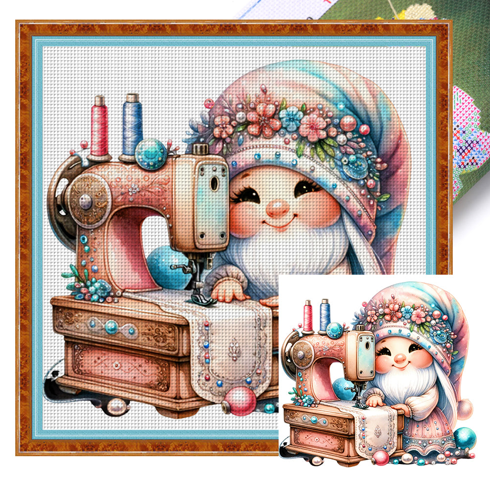 Sewing Machine Gnome - 30*30CM 18CT Stamped Cross Stitch