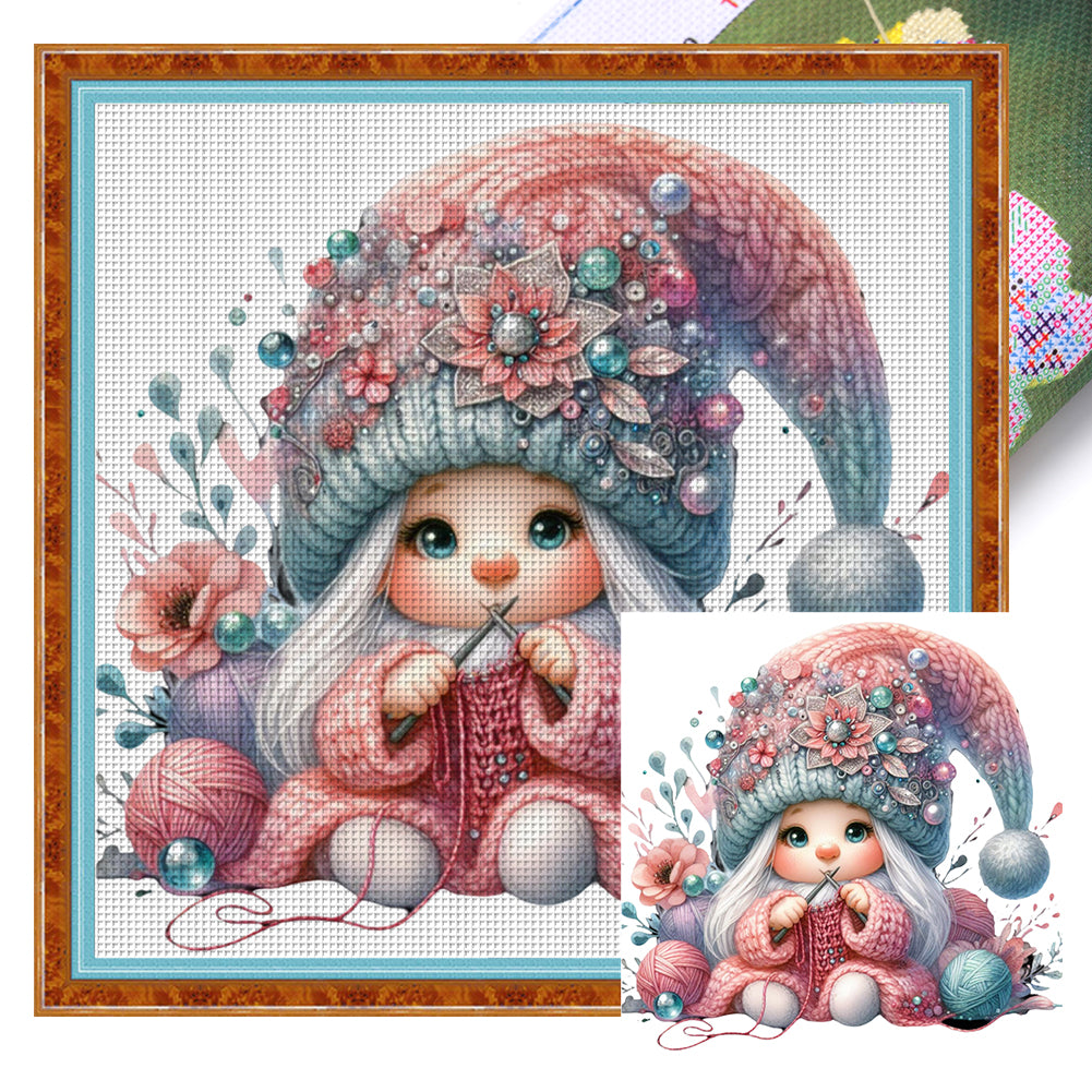 Gnome Knitting A Sweater - 45*45CM 11CT Stamped Cross Stitch