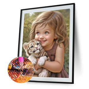 Little Girl Holding Tiger Cub 30*40CM(Canvas) Full Round Drill Diamond Painting