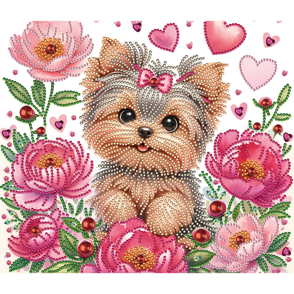 Flower Yorkshire Terrier 35*30CM(Canvas) Partial Special Shaped Drill Diamond Painting