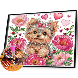 Flower Yorkshire Terrier 35*30CM(Canvas) Partial Special Shaped Drill Diamond Painting