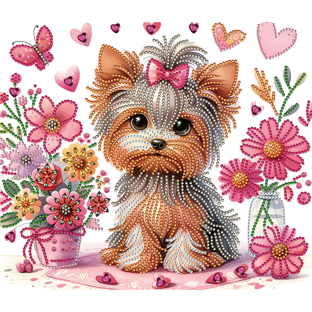 Flower Yorkshire Terrier 35*30CM(Canvas) Partial Special Shaped Drill Diamond Painting