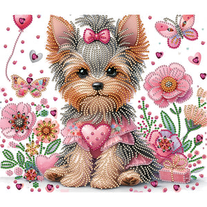 Flower Yorkshire Terrier 35*30CM(Canvas) Partial Special Shaped Drill Diamond Painting