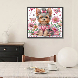 Flower Yorkshire Terrier 35*30CM(Canvas) Partial Special Shaped Drill Diamond Painting