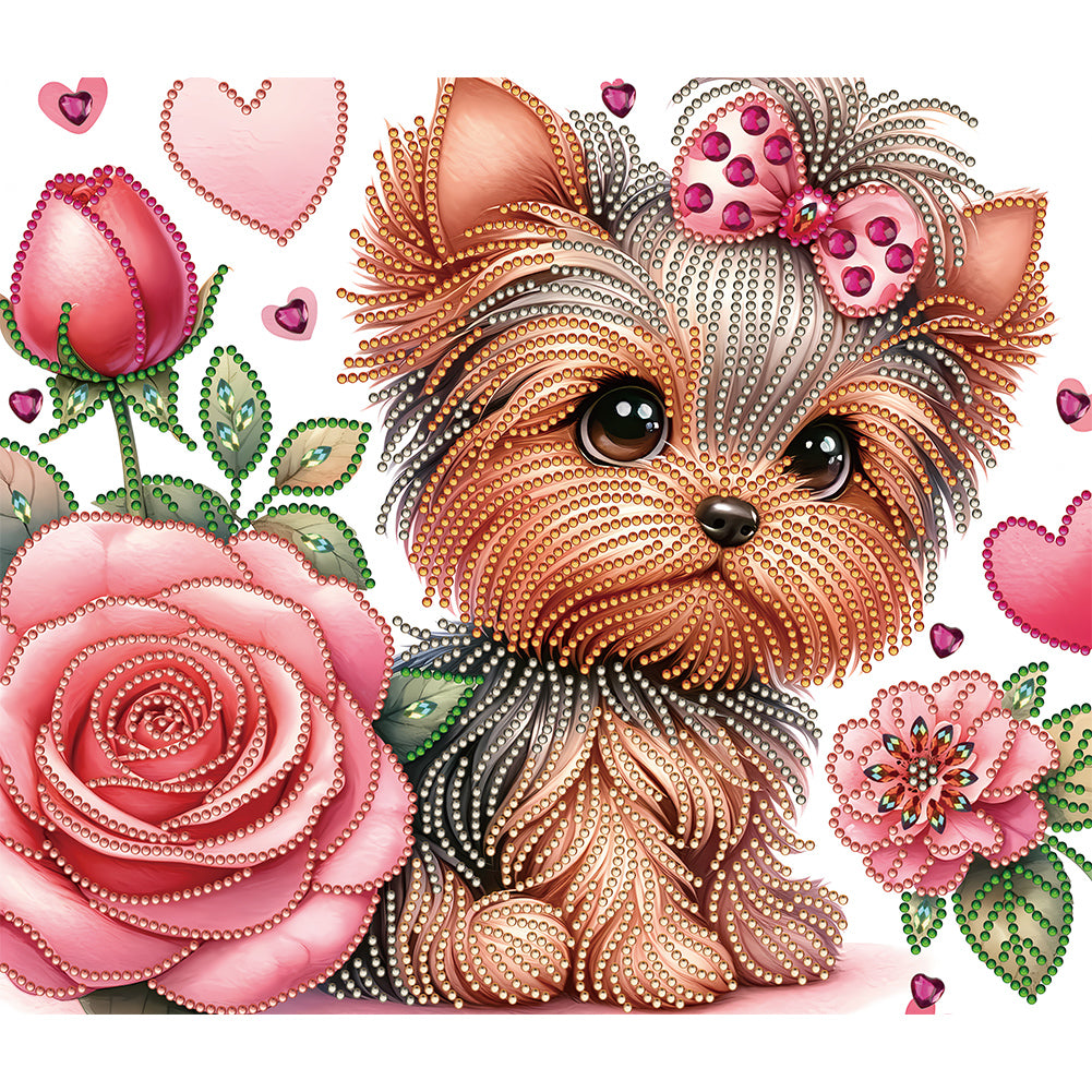 Flower Yorkshire Terrier 35*30CM(Canvas) Partial Special Shaped Drill Diamond Painting