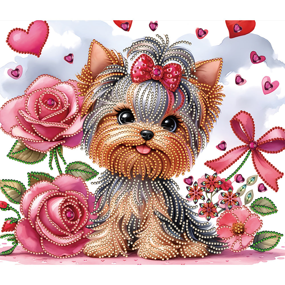 Flower Yorkshire Terrier 35*30CM(Canvas) Partial Special Shaped Drill Diamond Painting