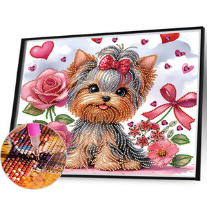 Flower Yorkshire Terrier 35*30CM(Canvas) Partial Special Shaped Drill Diamond Painting