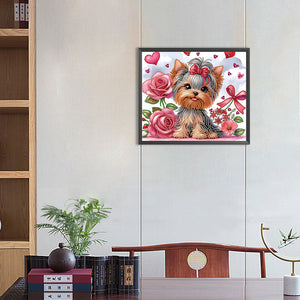 Flower Yorkshire Terrier 35*30CM(Canvas) Partial Special Shaped Drill Diamond Painting