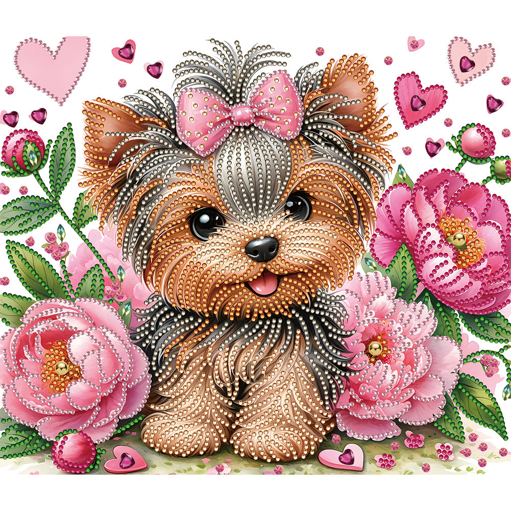 Flower Yorkshire Terrier 35*30CM(Canvas) Partial Special Shaped Drill Diamond Painting