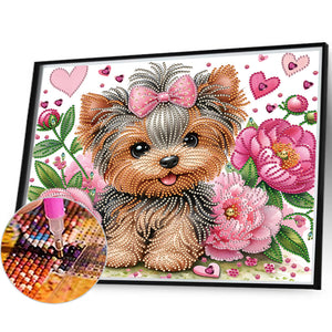 Flower Yorkshire Terrier 35*30CM(Canvas) Partial Special Shaped Drill Diamond Painting