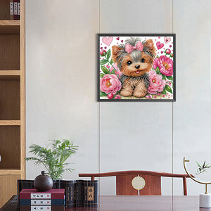 Flower Yorkshire Terrier 35*30CM(Canvas) Partial Special Shaped Drill Diamond Painting