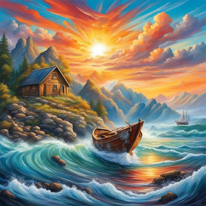 Rising Sun And Lonely Boat On The Sea 30*30CM(Canvas) Full Round Drill Diamond Painting
