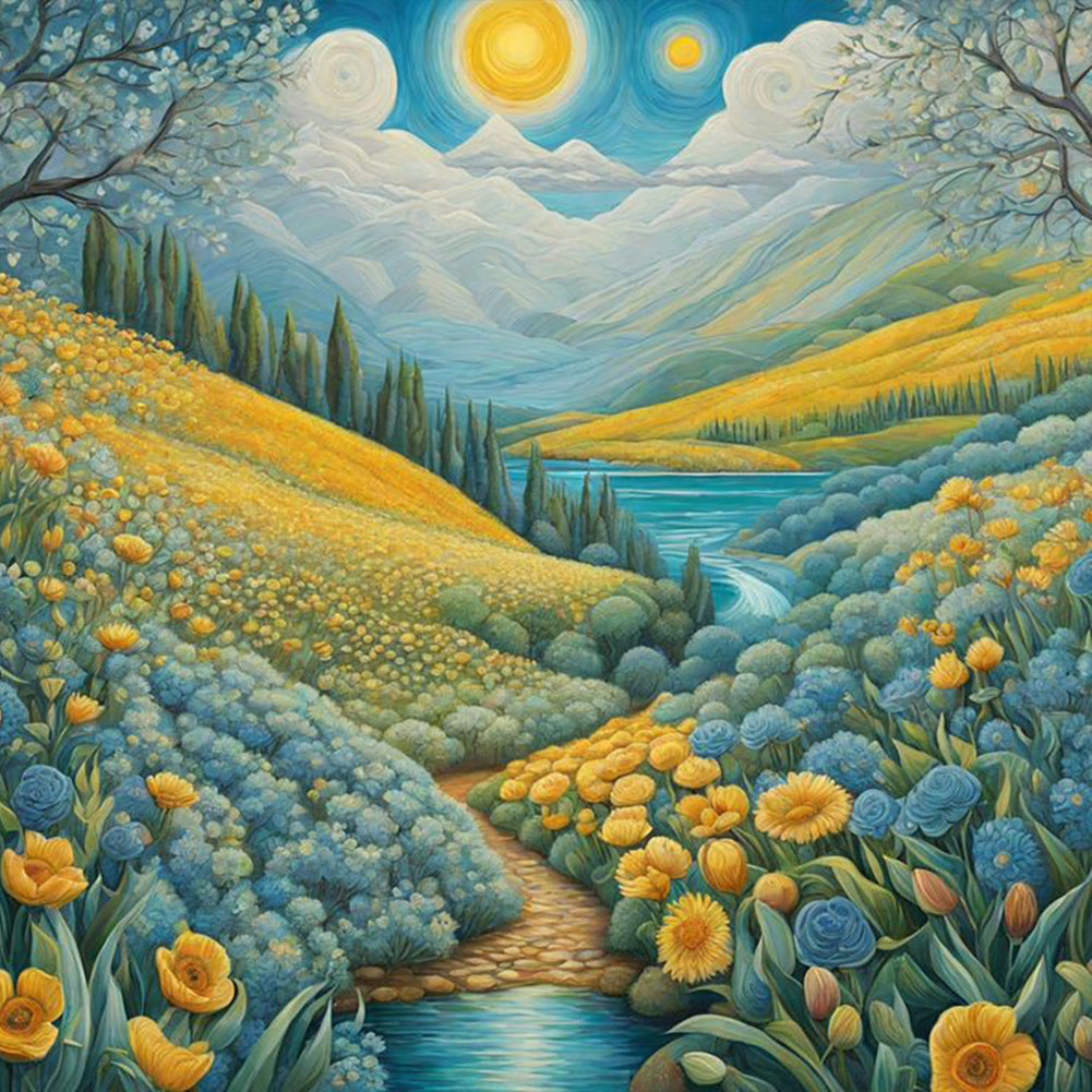 Path In Flower Field 30*30CM(Canvas) Full Round Drill Diamond Painting