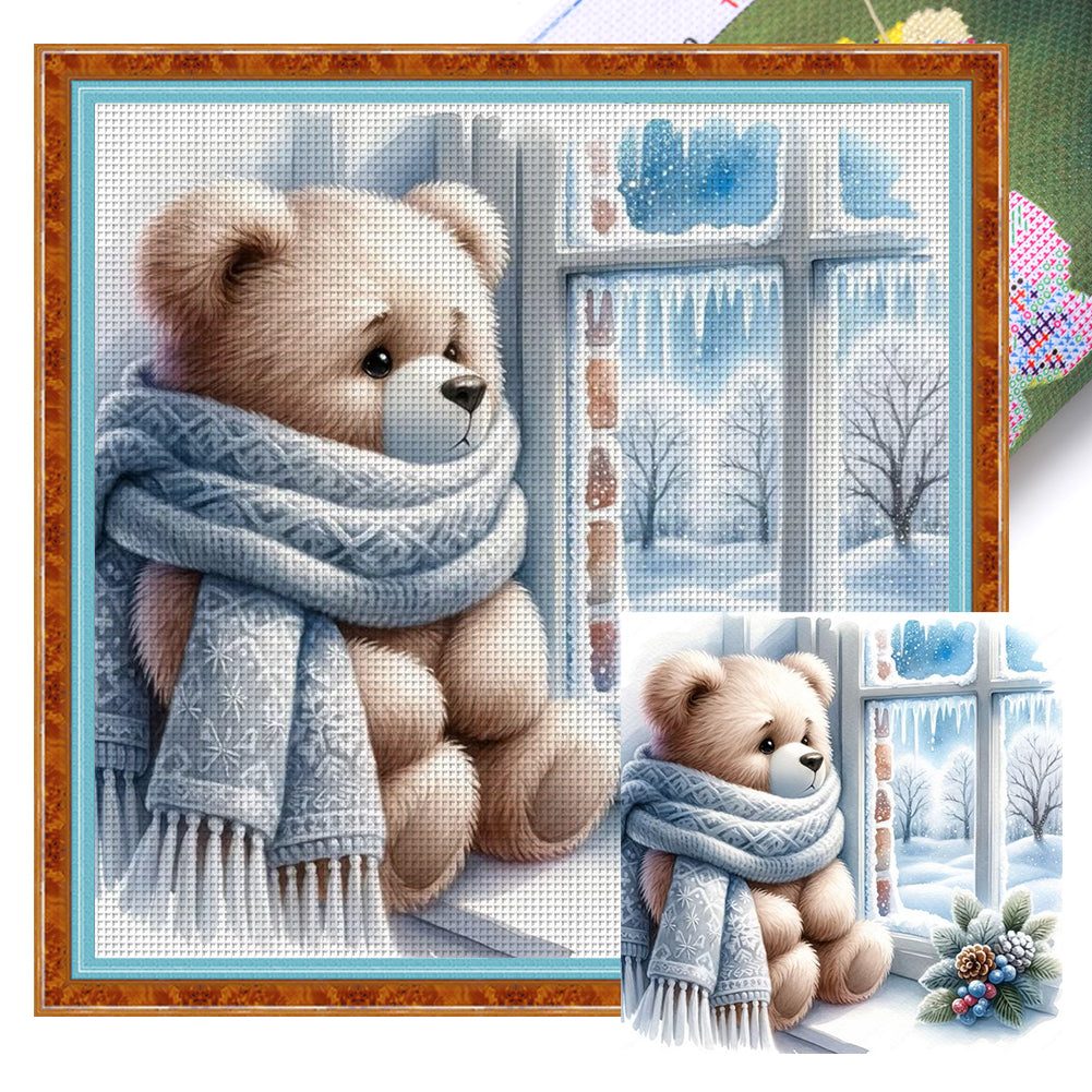 Little Bear By The Window In Winter 40*40CM11CT 3 Stamped Cross Stitch