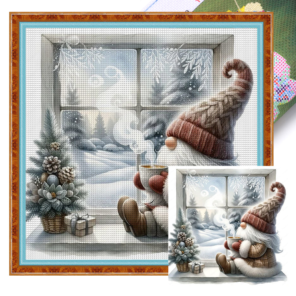 Gnome By The Window In Winter 40*40CM11CT 3 Stamped Cross Stitch