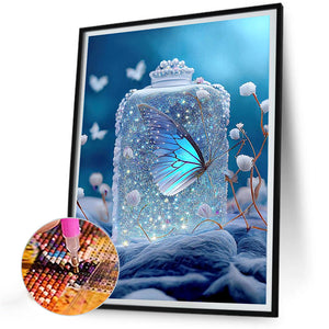 Blue Beautiful Butterfly In Jar 30*40CM(Canvas) Full Round Drill Diamond Painting