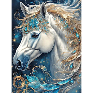 White Horse Head With Sapphire Decoration 30*40CM(Canvas) Full Round Drill Diamond Painting