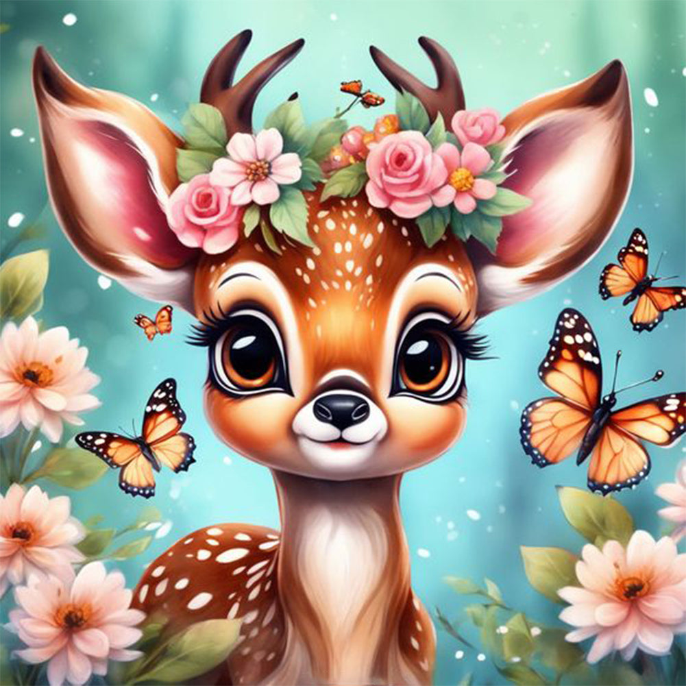 Butterfly And Deer In Flowers 30*30CM(Canvas) Full Round Drill Diamond Painting