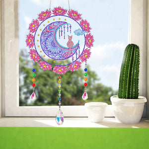 Animal Wind Chimes Cat Flower on Moon Diamond Crystal Painting Home Ornament