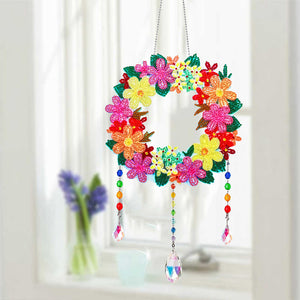 Flower Wind Chimes Wreath Diamond Crystal Painting Ornament for Home Wall Decor