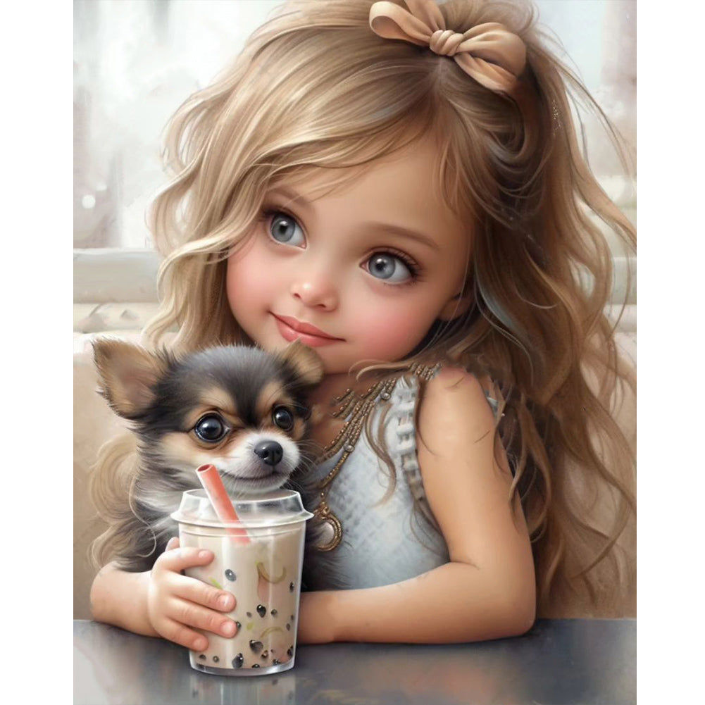 Girl Drinking Milk Tea With Puppy 40*50CM(Canvas) Full Round Drill Diamond Painting