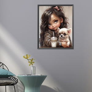 Girl Drinking Coffee With Puppy 40*50CM(Canvas) Full Round Drill Diamond Painting