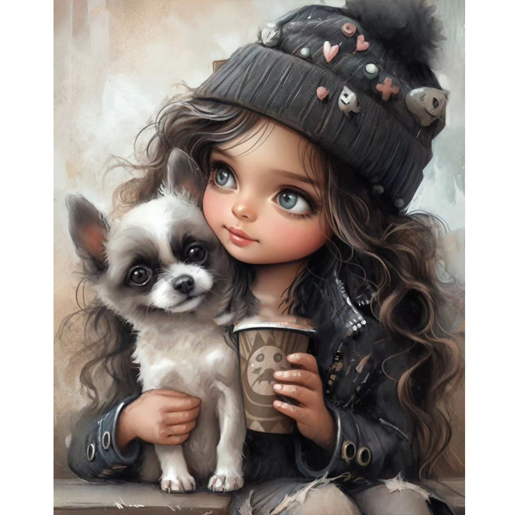 Girl Drinking Coffee With Puppy 40*50CM(Canvas) Full Round Drill Diamond Painting