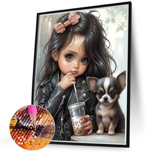 Girl Drinking Milk Tea With Puppy 40*50CM(Canvas) Full Round Drill Diamond Painting