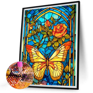 Glass Painting - Butterfly And Flower 30*40CM(Canvas) Full Round Drill Diamond Painting